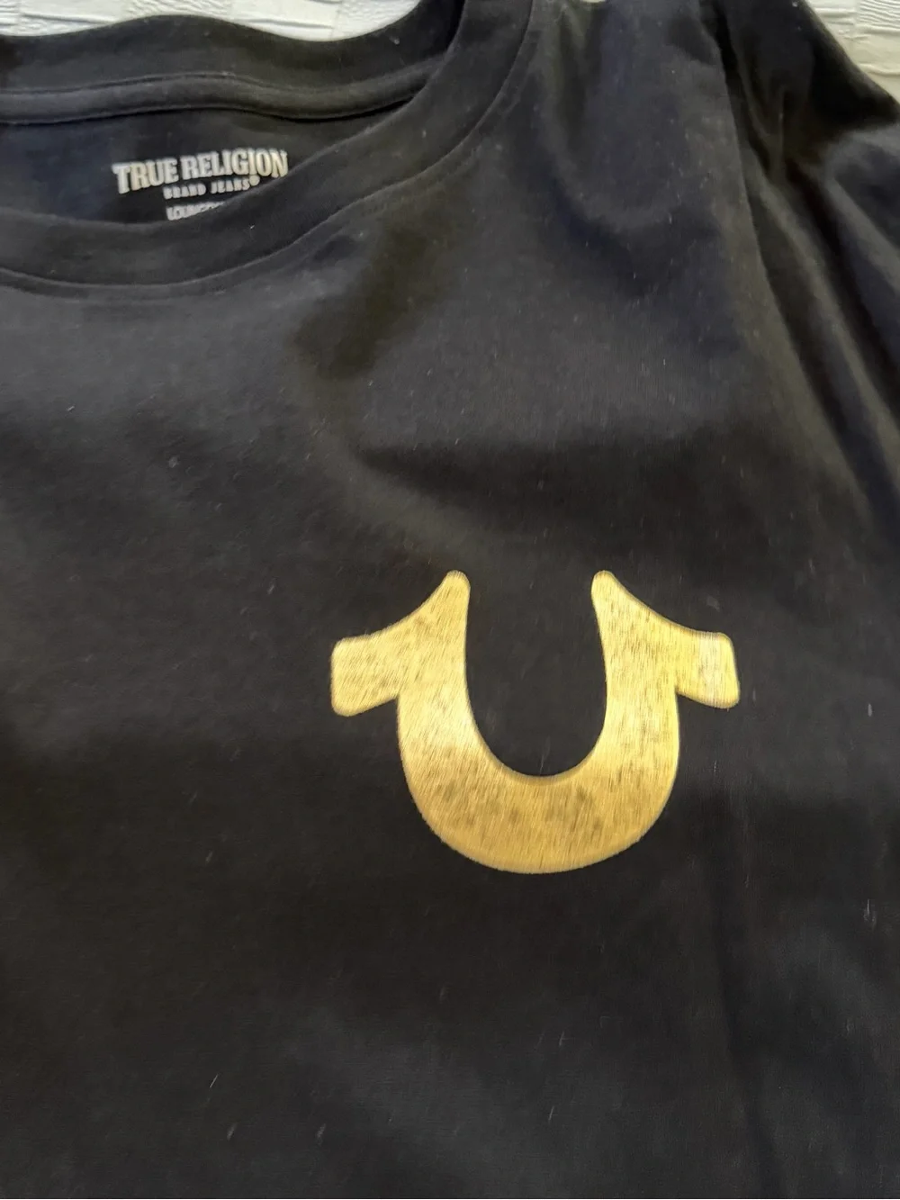 True Religion Black Short Sleeve Tee with Gold Horseshoe Logo